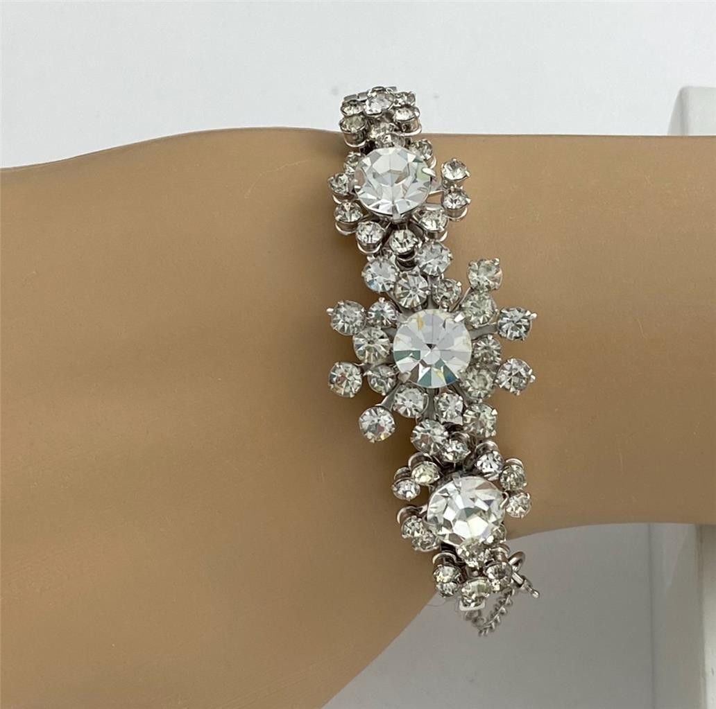 Vintage 1950’s Hinged Cuff Silver Tone Clear Rhinestones Floral Bracelet medium