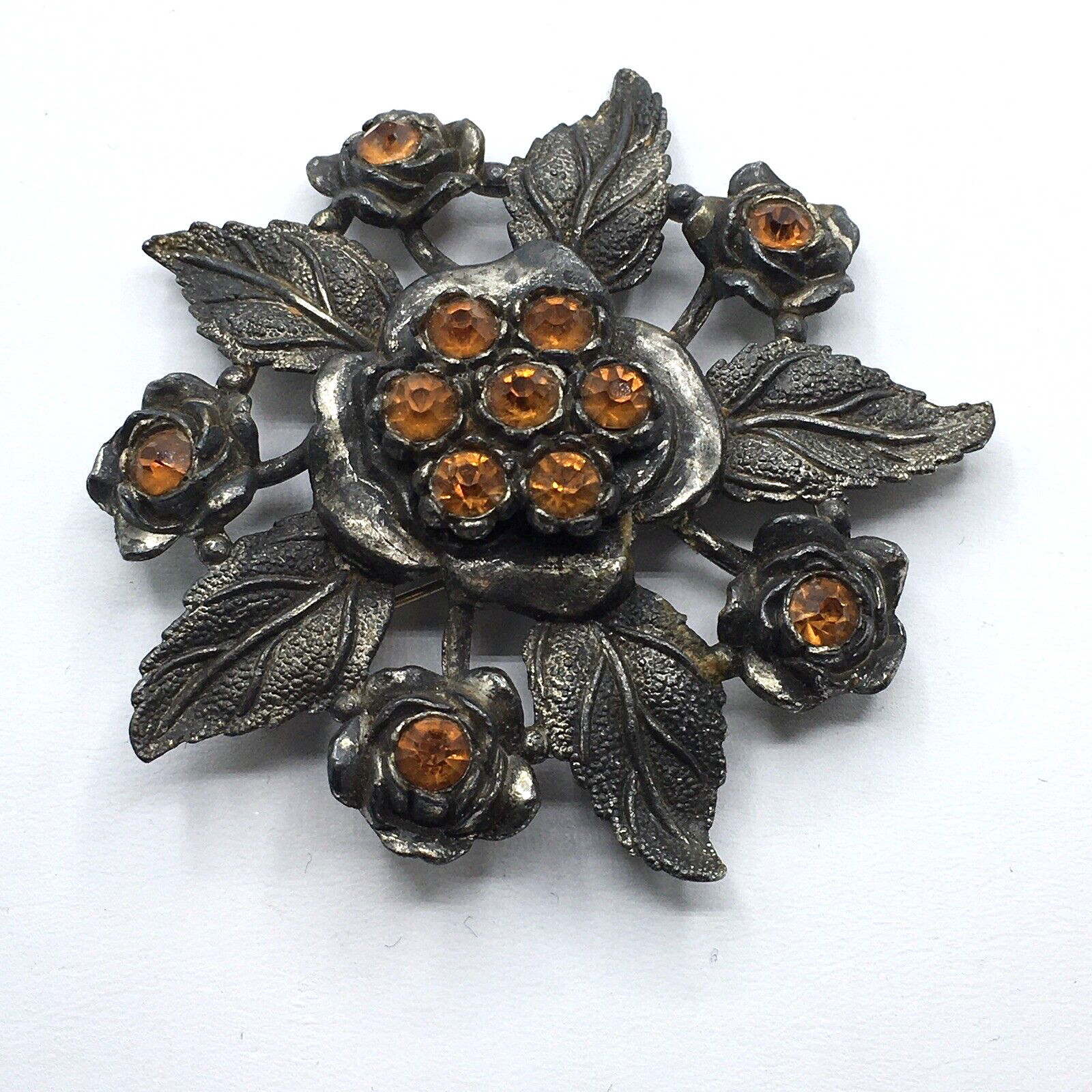 Antique LN Little Nemo Large Floral Flower Orange Rhinestone Brooch Pin
