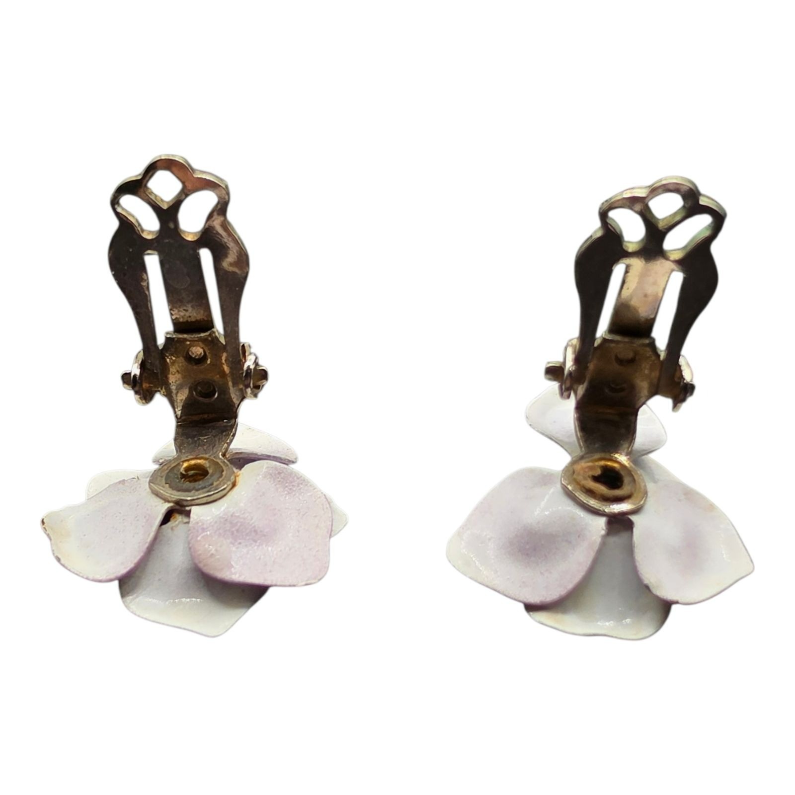 Lilac Enamel Floral Brooch Clip-On Earrings Set Faux Pearls Vintage Jewelry