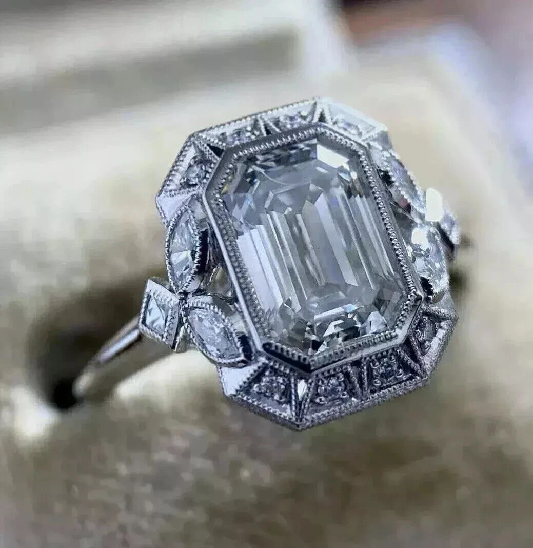 3Ct Art Deco Style Lab Created Diamond Octagon Engagement 14K White Gold FN Ring