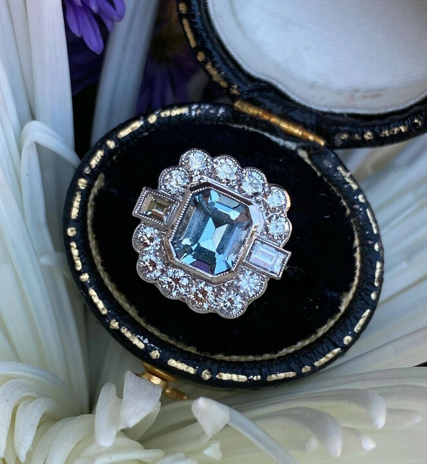 4Ct Art Deco Style Aquamarine Lab Created Diamond Wedding 14K White Gold FN Ring