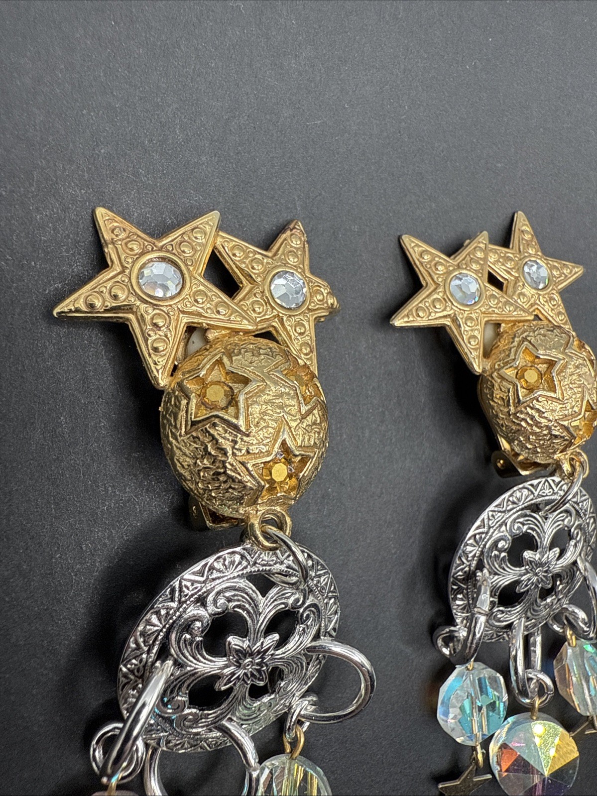 Kirks Folly Signed Silver Gold Tone Dangle Stars Moon Crystal Earrings C81
