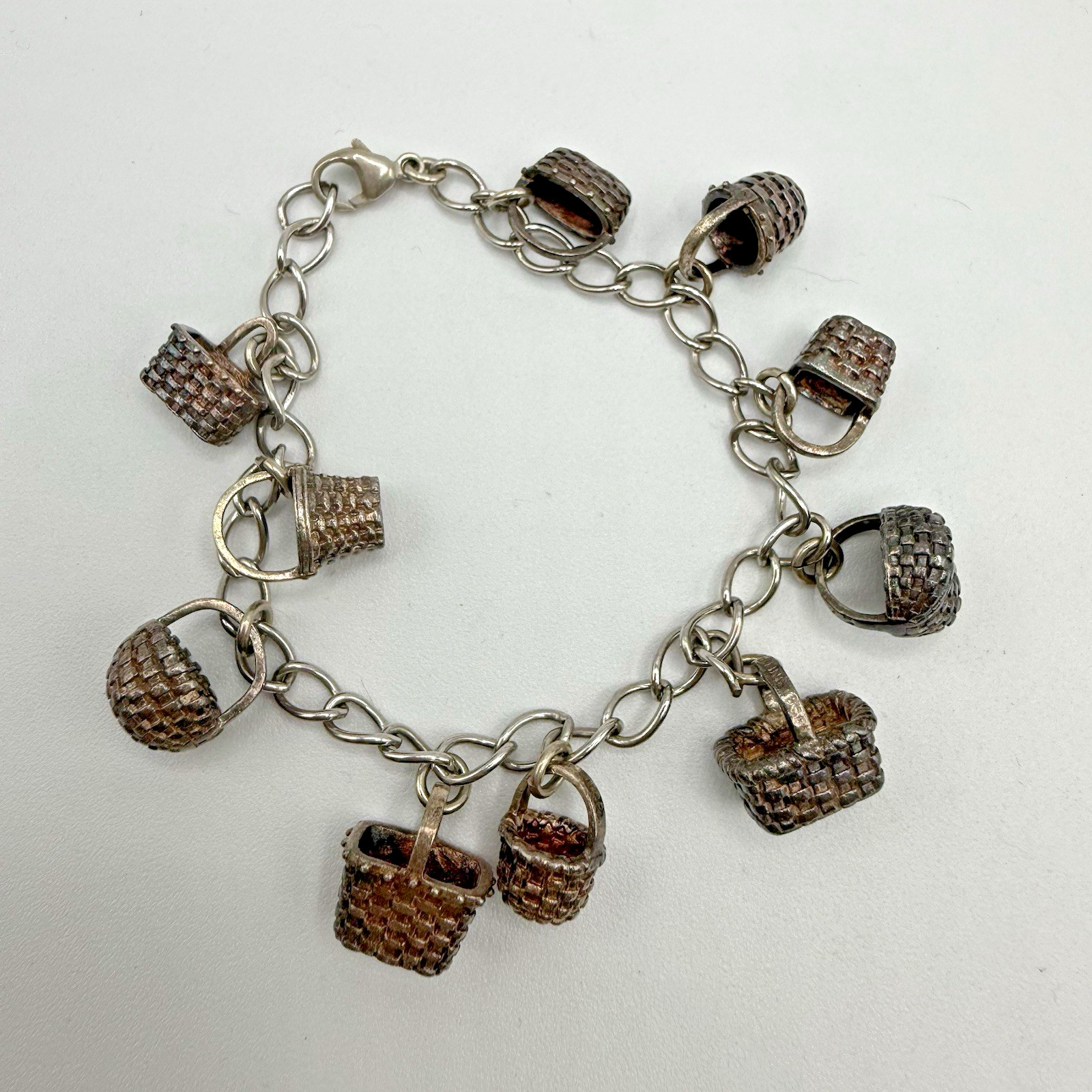 Estate Vtg BCB BROWN COUNTY BASKETS Sterling Silver Basket Charm Bracelet – 7.5″
