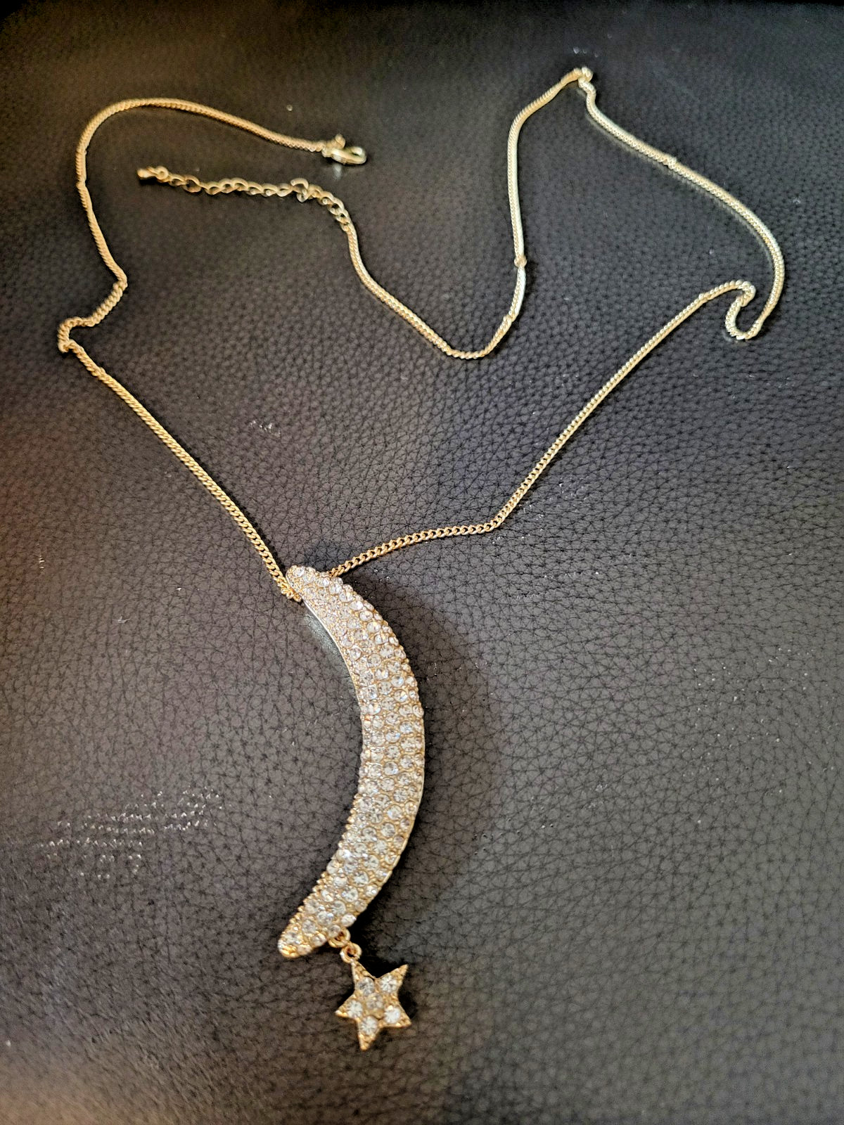 Vintage Gold tone Crescent Moon and Star Necklace with clear stones