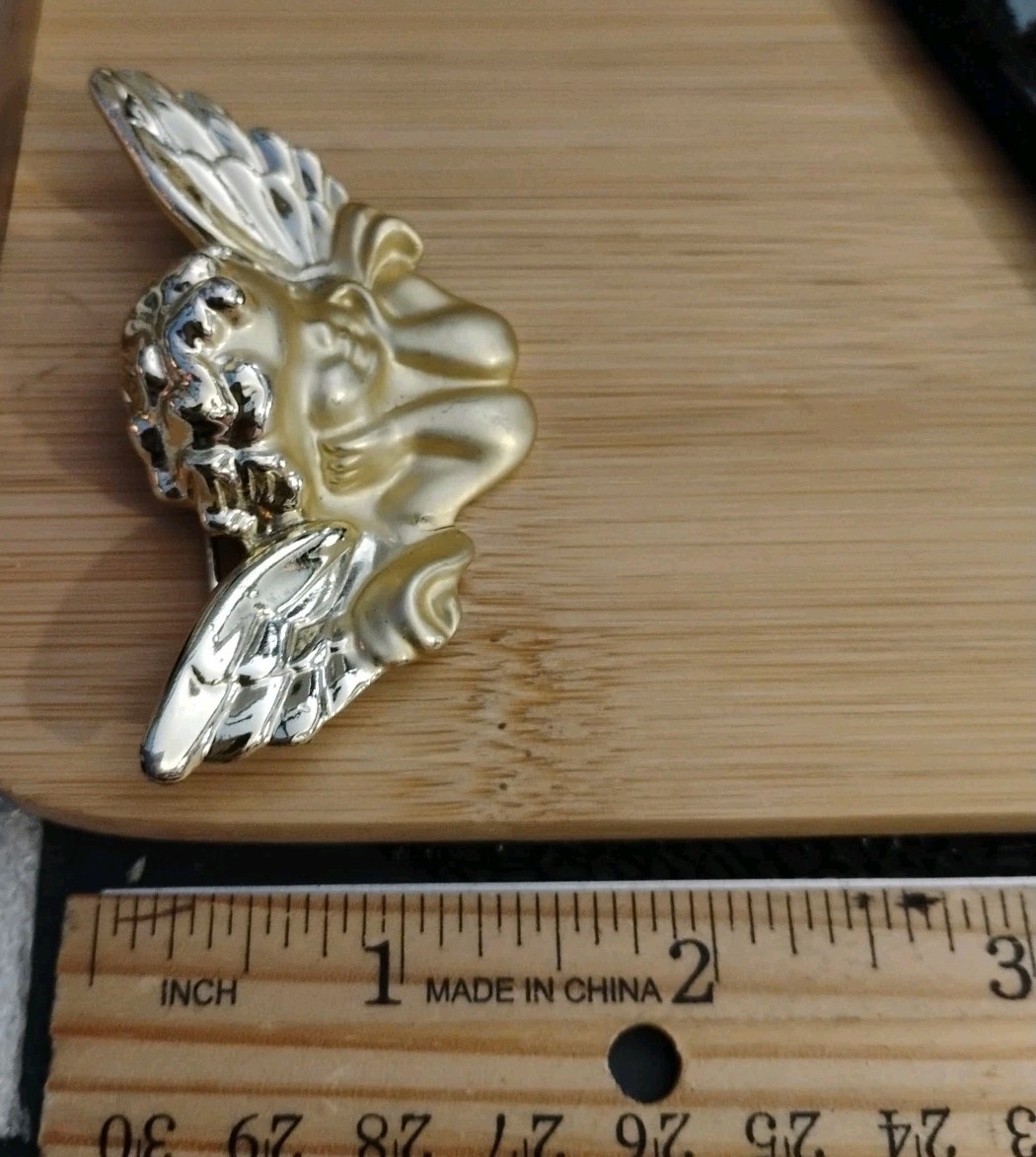 PRIMAVERA(?) Brand Unsigned Dual Golden Textured 2.5″ Angel/Cherub Pin!