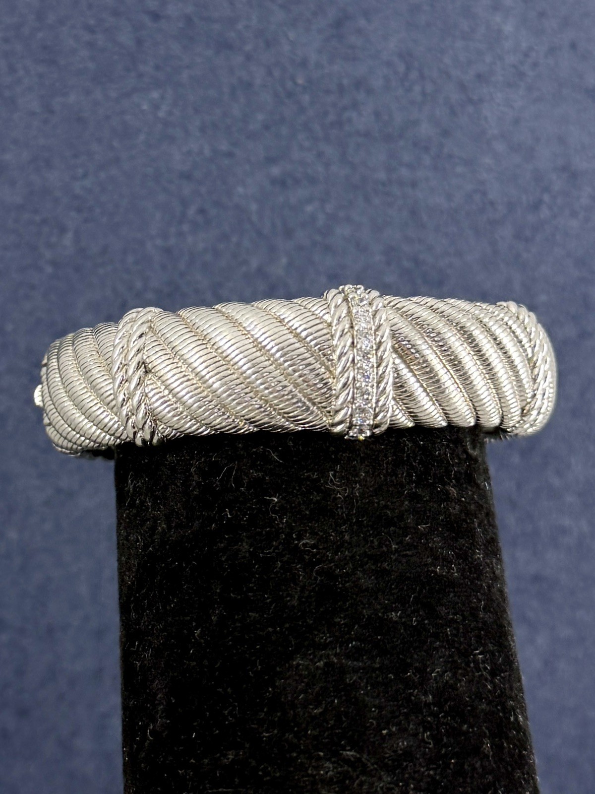 JUDITH RIPKA Sterling Silver Cubic Zirconia Cable Twist Wide Cuff Bracelet; 75g