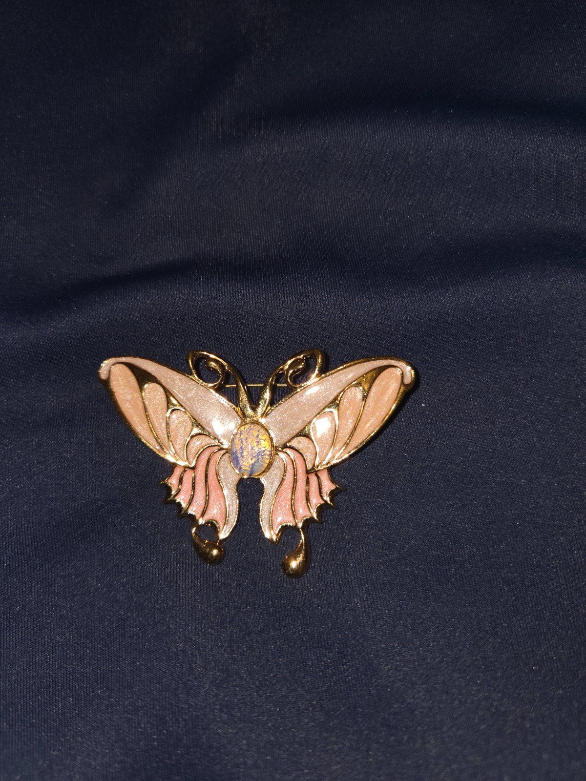 Vintage Gold Tone Butterfly Brooch Pink Enamel Faux Opal Cabochon Pin 2.5”