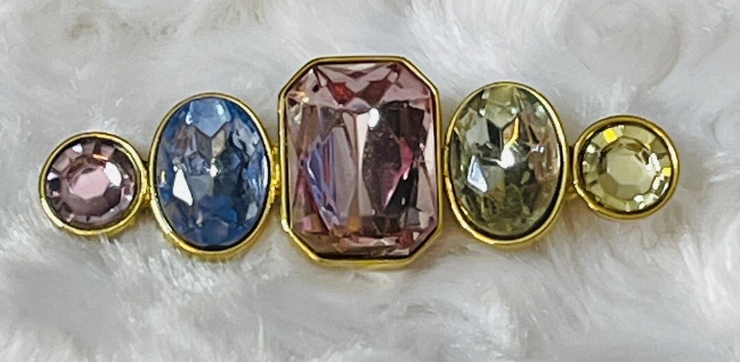 VTG TAT BAR BROOCH ART GLASS HANDMADE SIGNED FACETED STONES GOLD TONE BRILLIANT