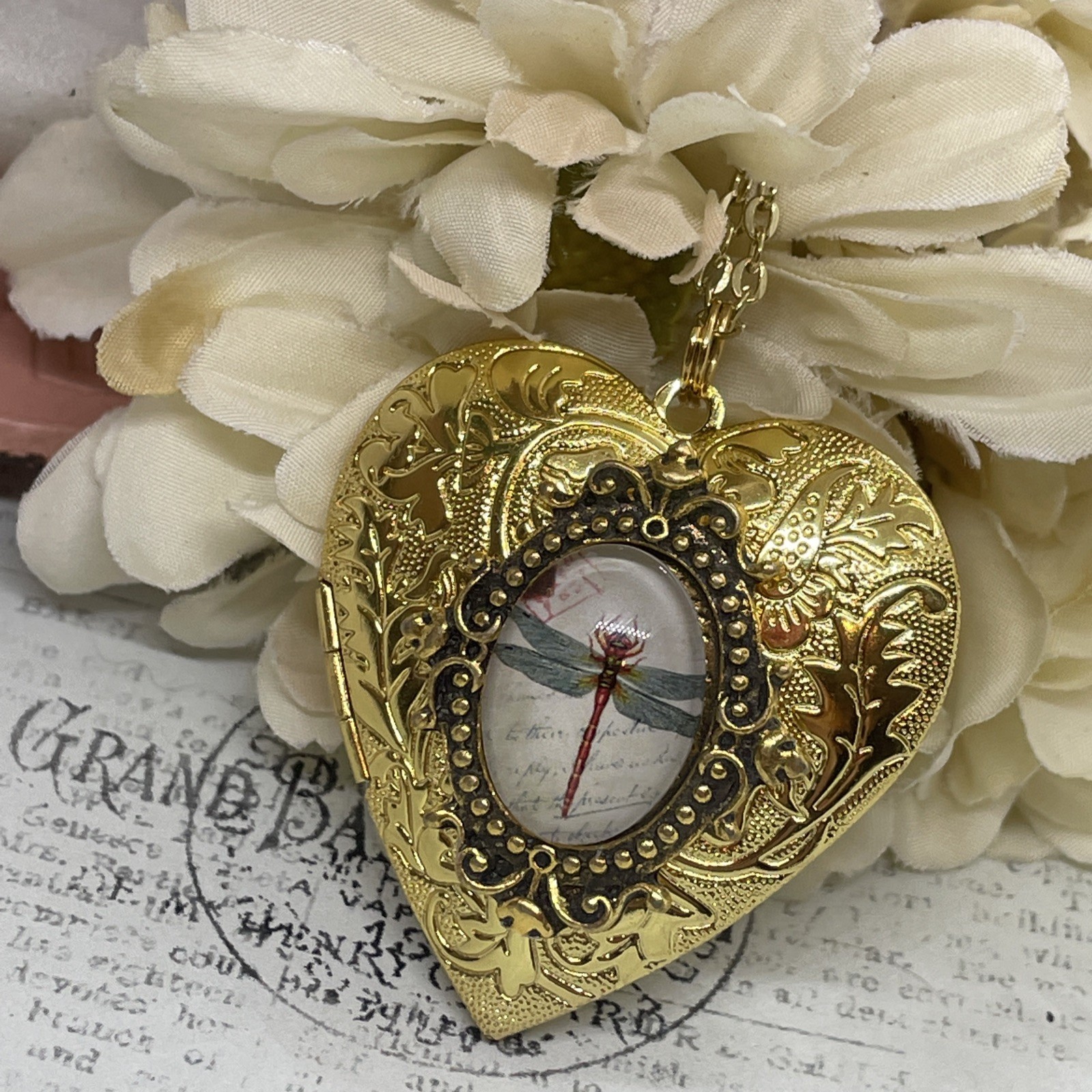 Gold Heart Locket Glass Birthday Anniversary Wedding Dragonfly Cameo Necklace