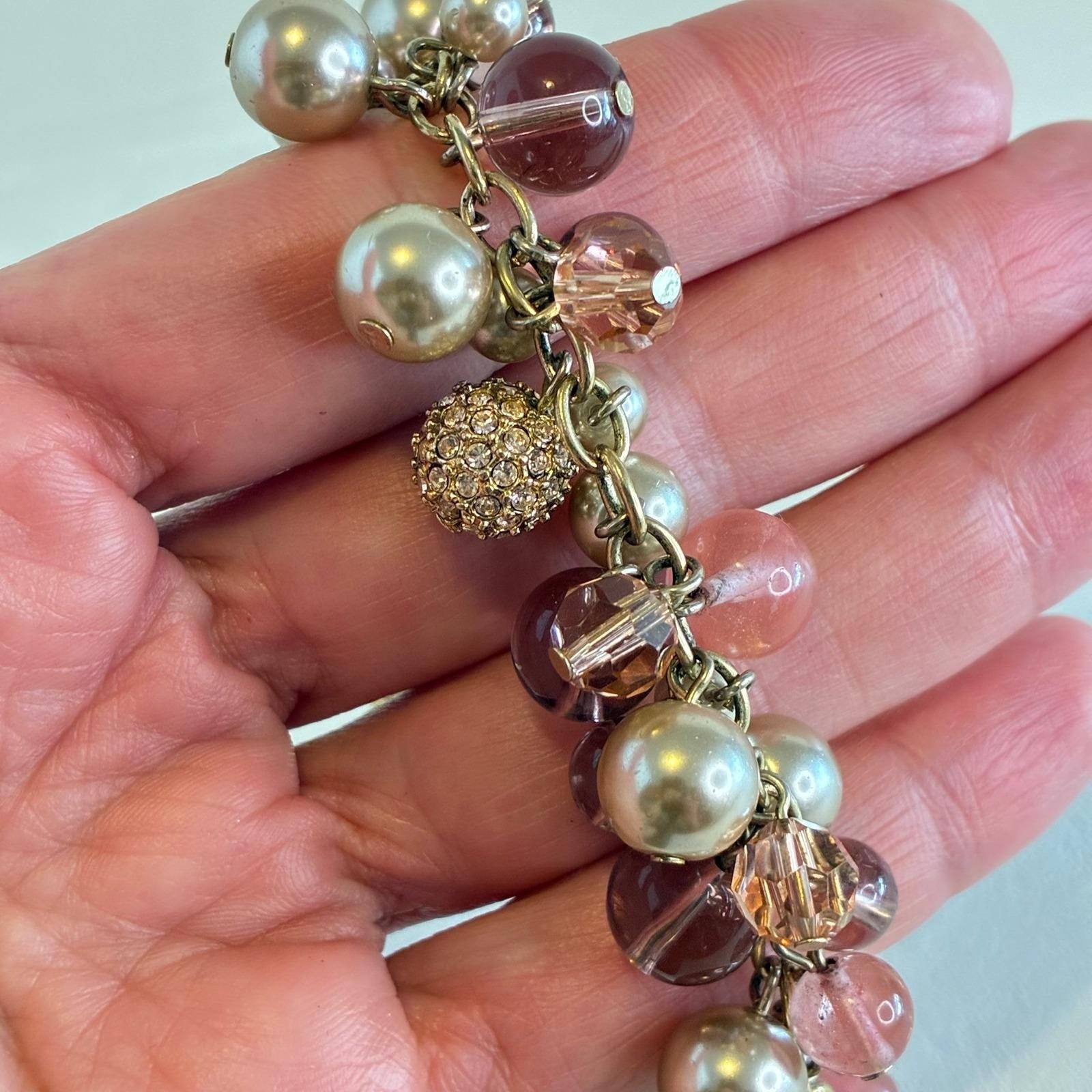 Vintage Carolee Bracelet Gold Tone Faux Pearl Glass Bead Rhinestone Charm Pink