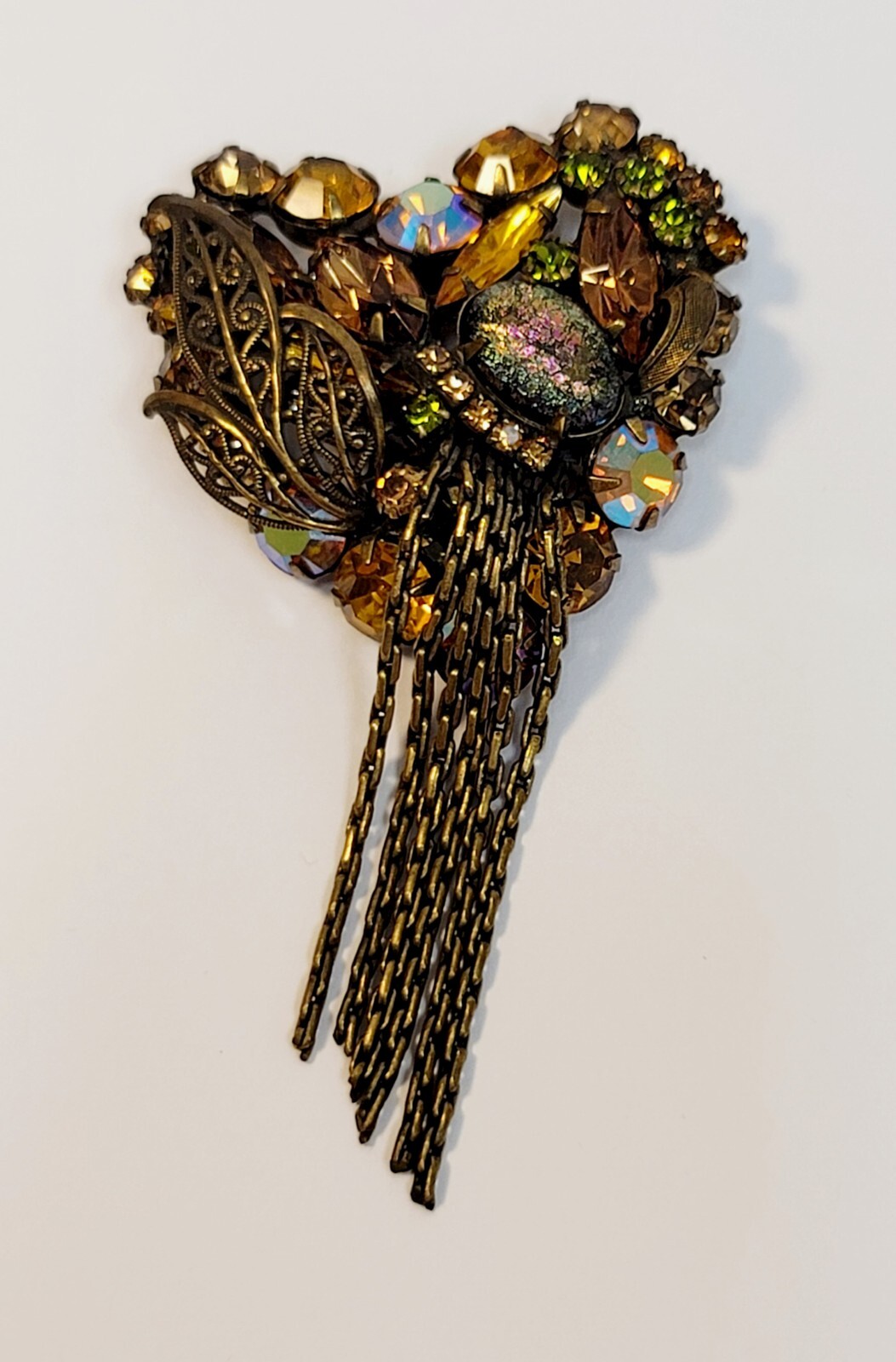 Vintage Alice Caviness AB Topaz Rhinestines Heart Brooch Chain Dangles Filigree
