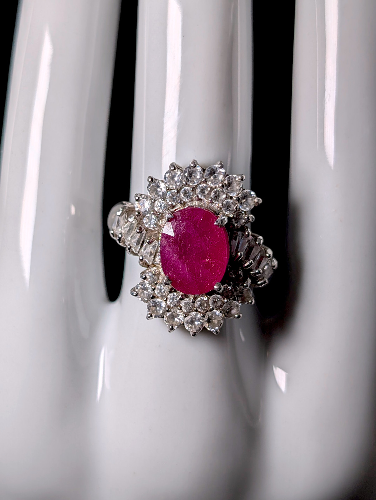 Vintage Art Deco Inspired Earth Mined Genuine Ruby Solitaire and Simulated Diamo