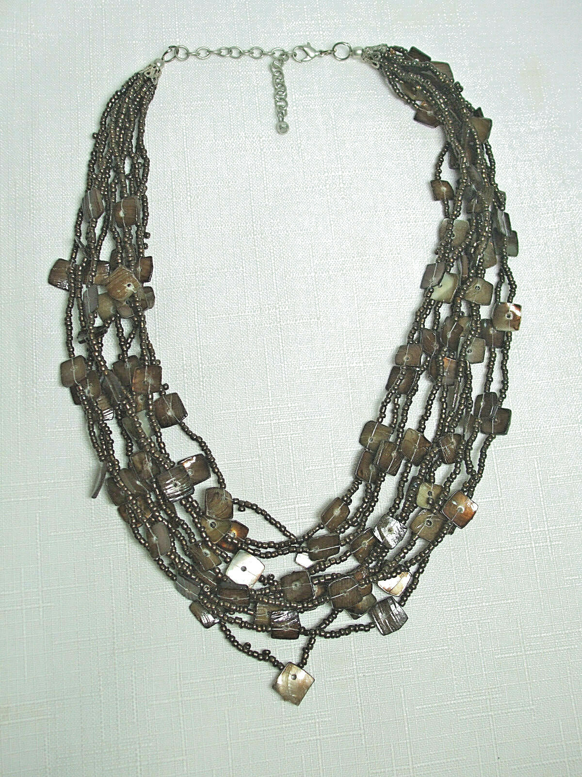 Vintage Necklace Small Bronze Color Multi Strand Beads with Square Spacers 17″