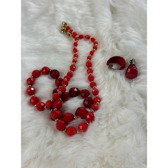 Vintage Red Faceted Bead Necklace and Matching Red Enamel Clip On Hoop Earrings