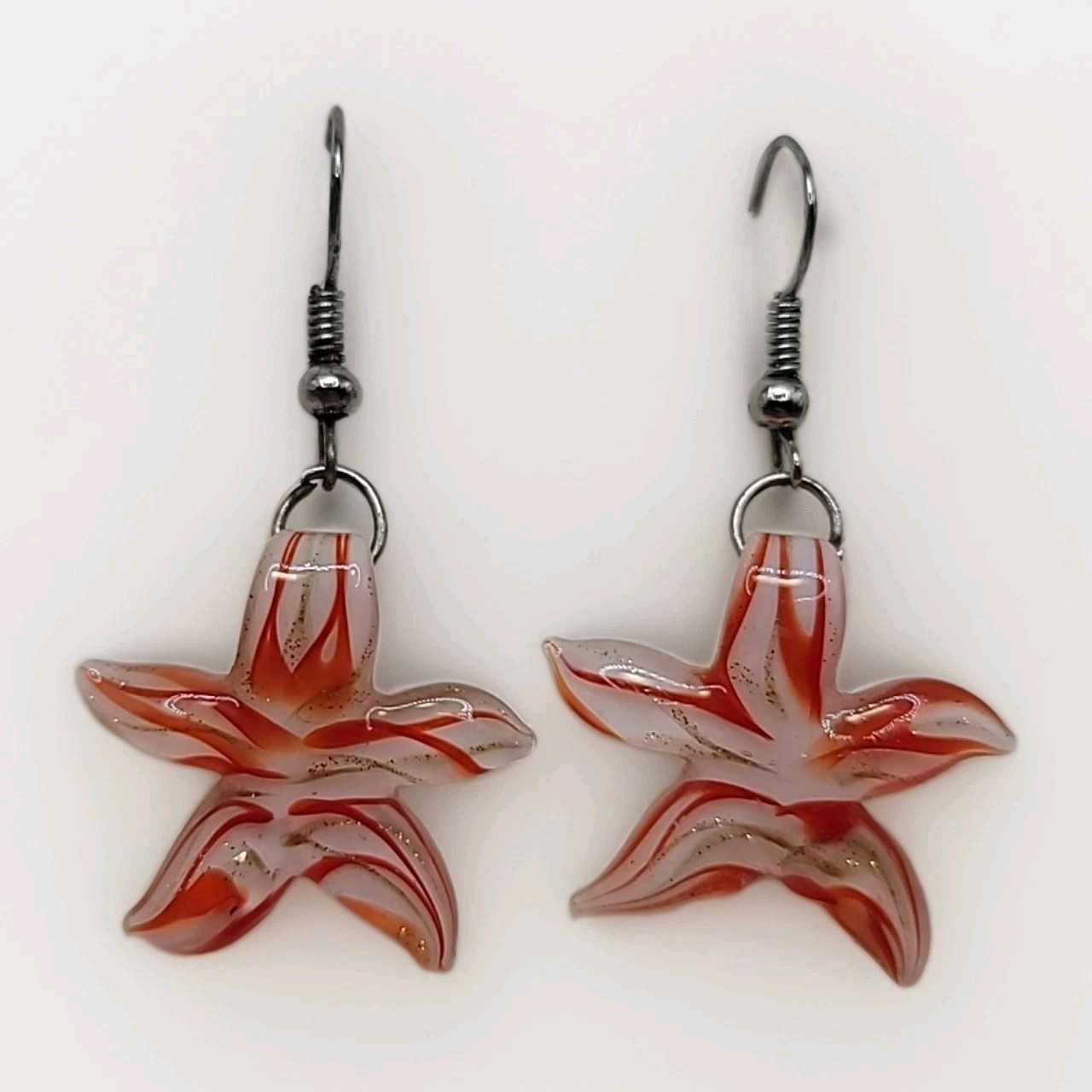 White Red Gold Star Glass Art Pierced Dangle Earrings