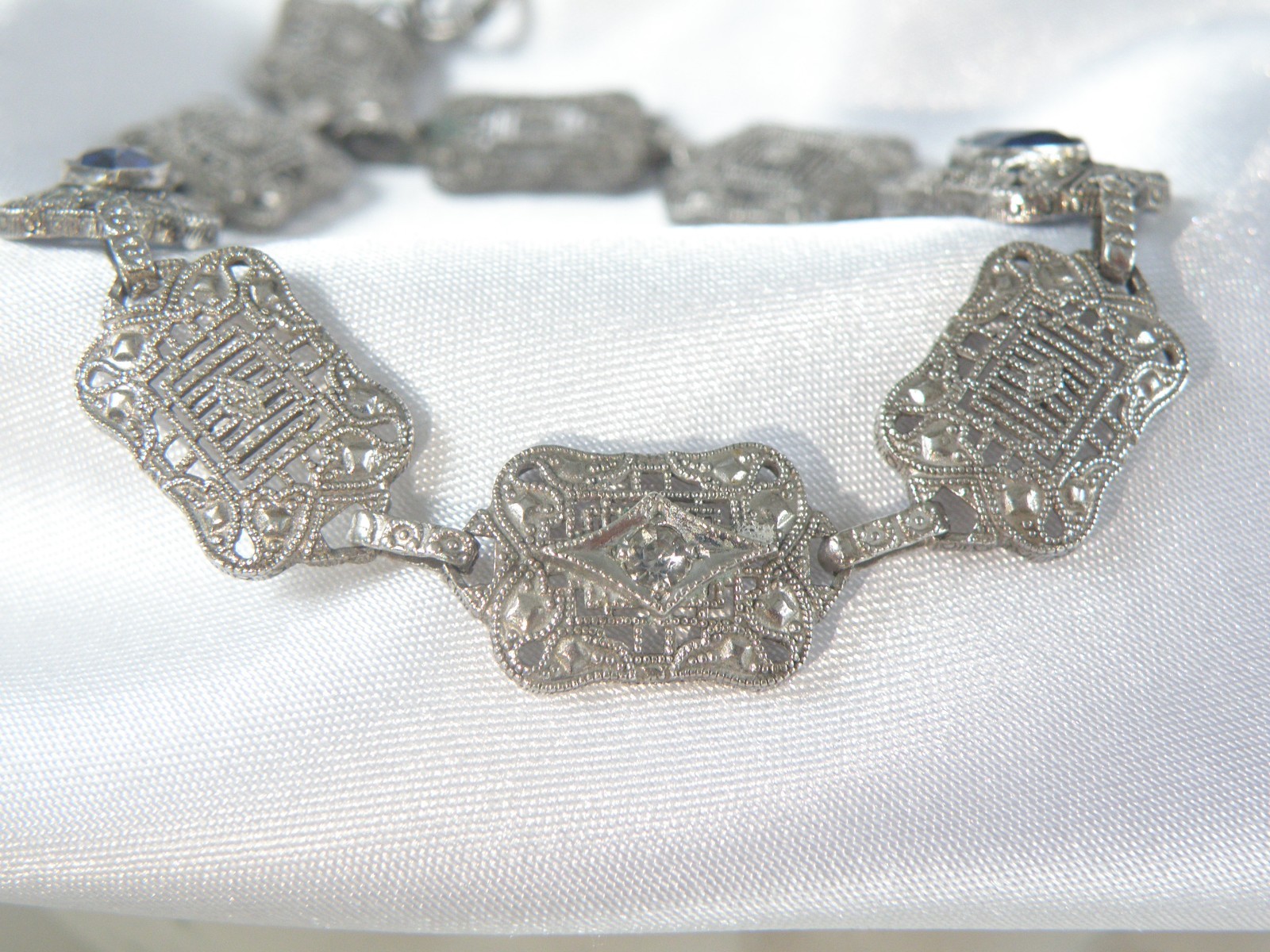 Art Deco Sterling Silver Sapphire Paste Filigree Station Antique Bracelet 7.5″