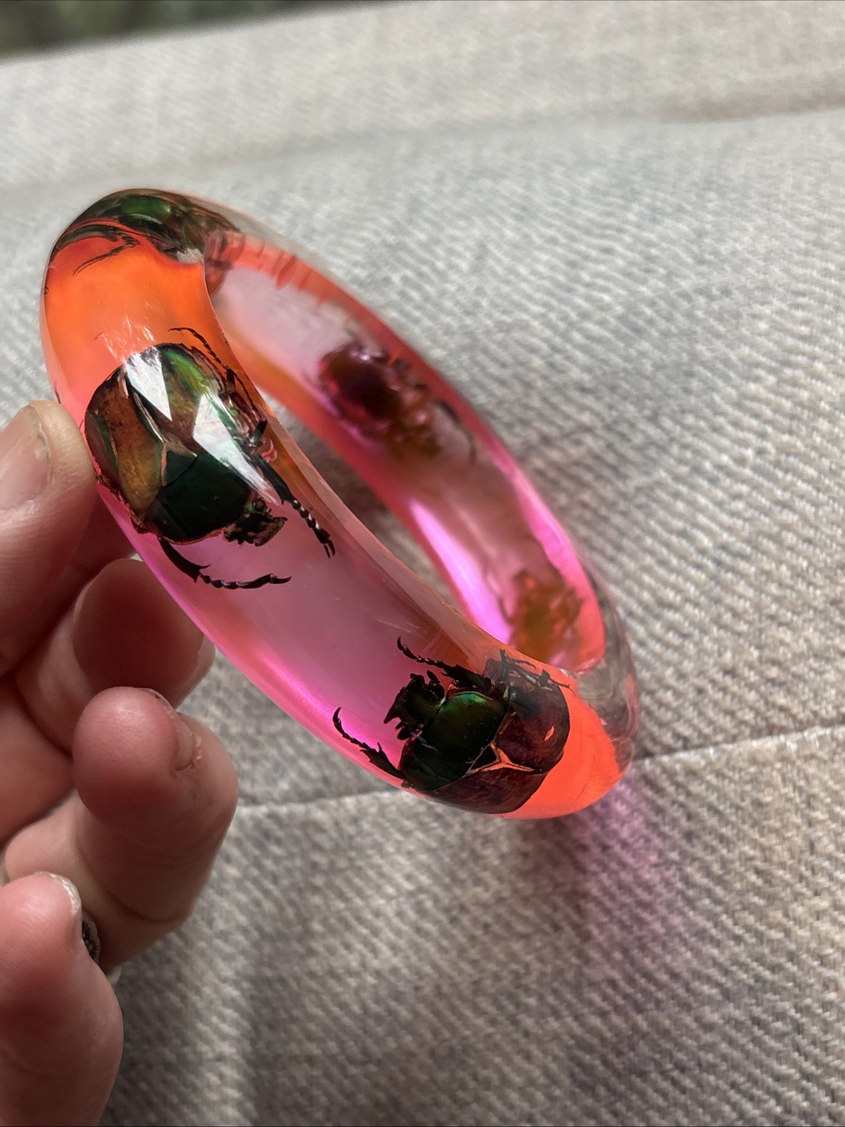Clear Vibrant Pink Vtg Beetle Bracelet Translucent Resin, Lrg,1960s, NOS #16