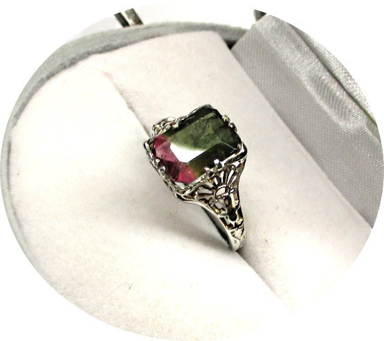 Pretty TOURMALINE Ring, Natural Bi-Color, Red Green – 14k White Gold Filigree