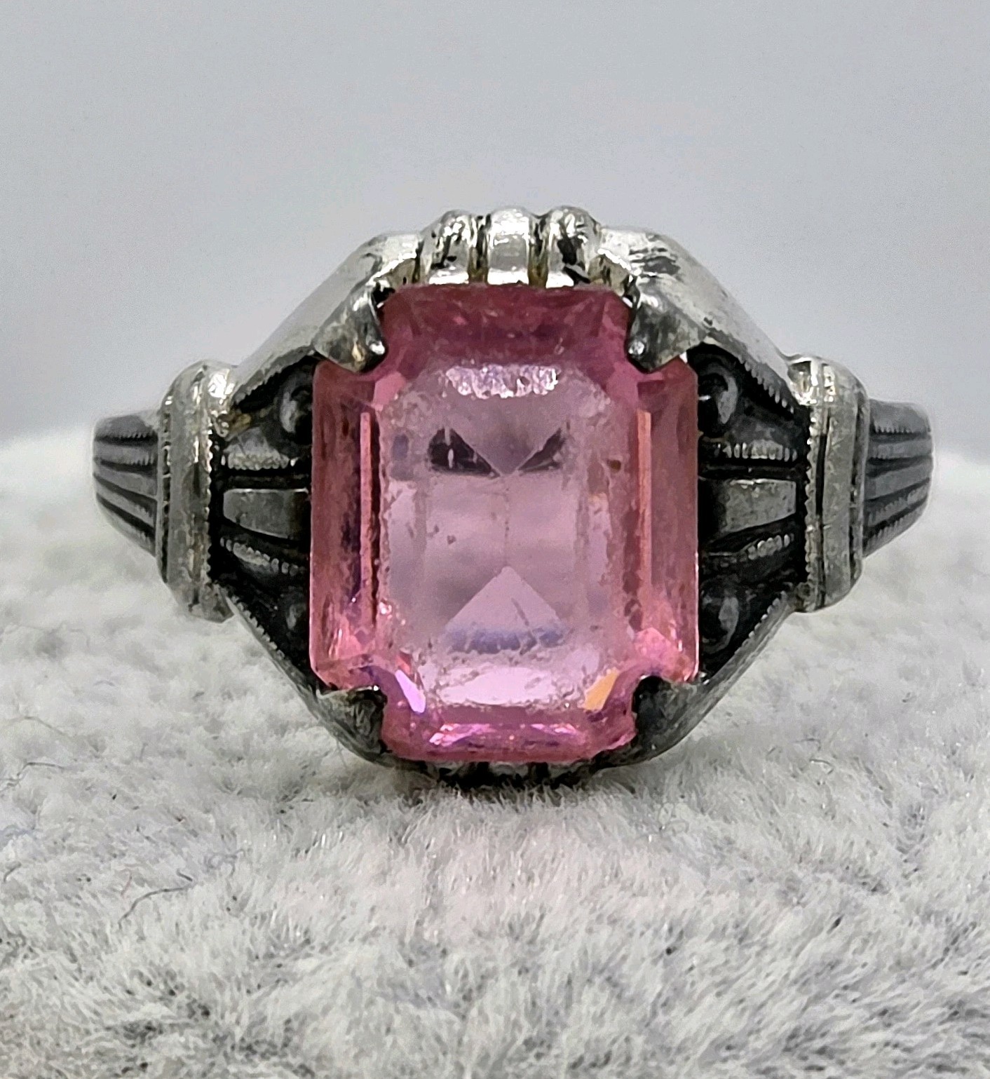 Vintage Ostby & Barton OB Art Deco Ring 925 Sterling Silver Pink Glass Size 6.75
