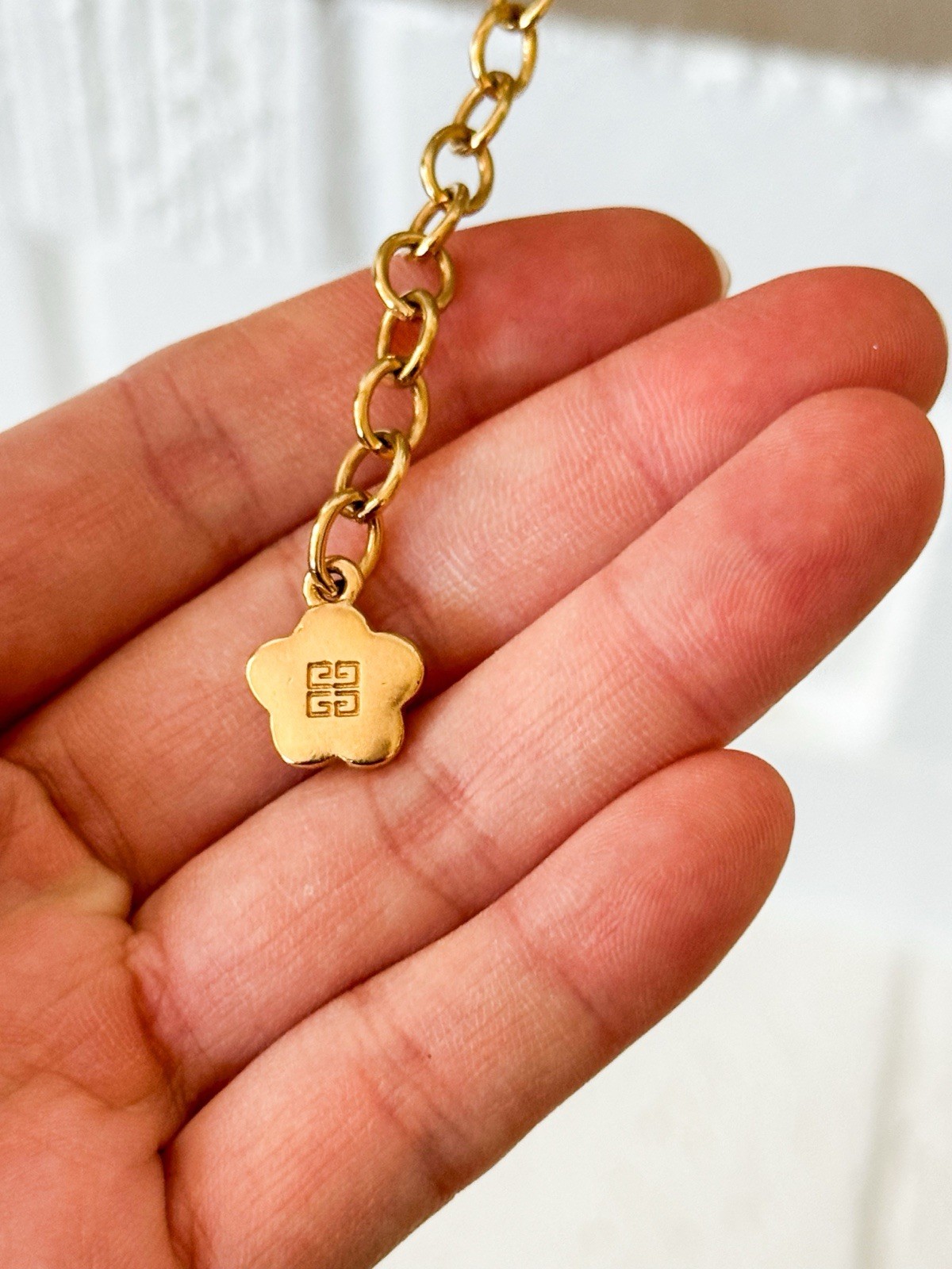 Vintage Givenchy Ave George V Paris Gold Tone Square Logo Pendant Necklace