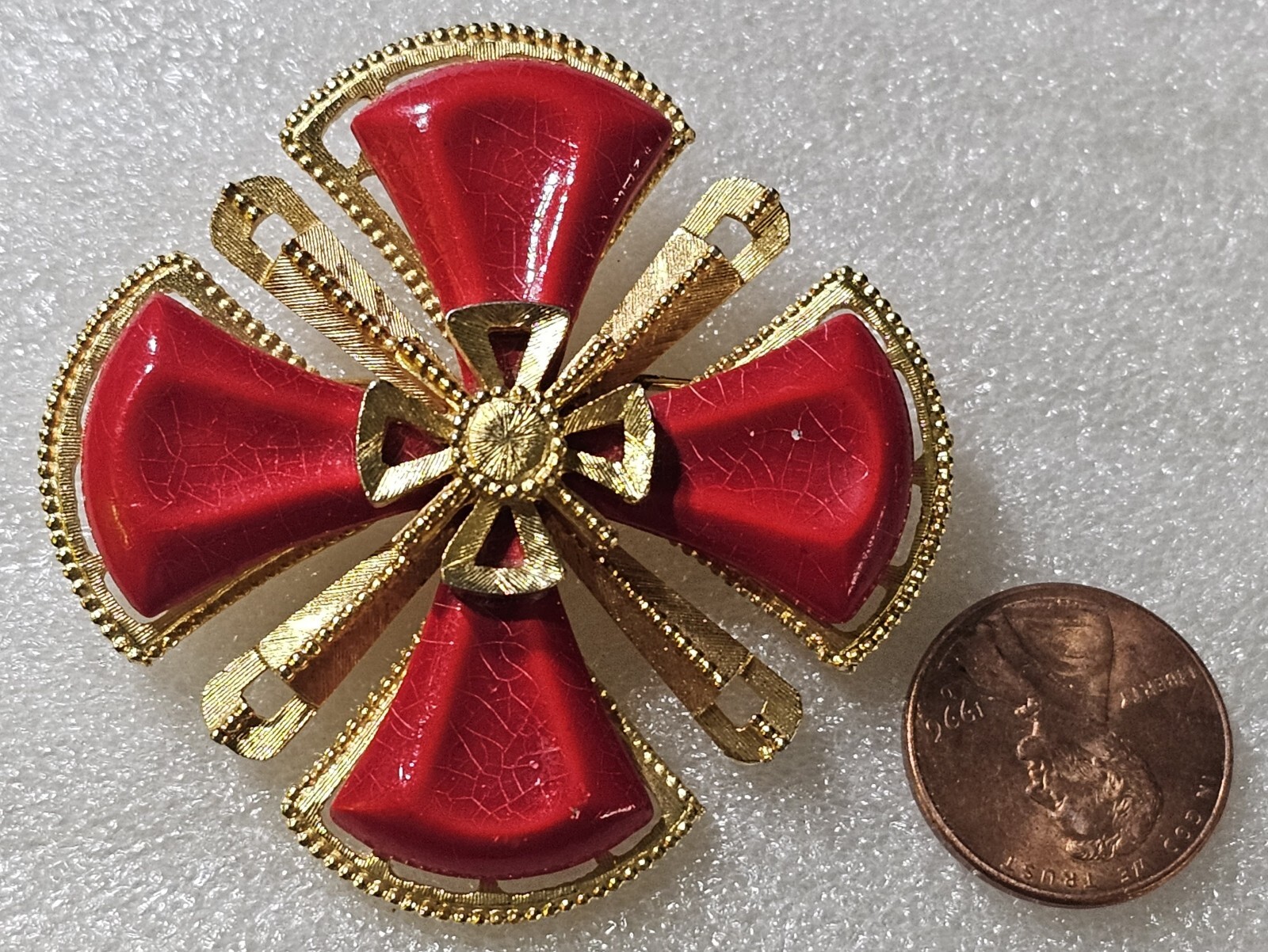 Vintage Red Cabochons Figural MALTESE Iron Cross Brooch