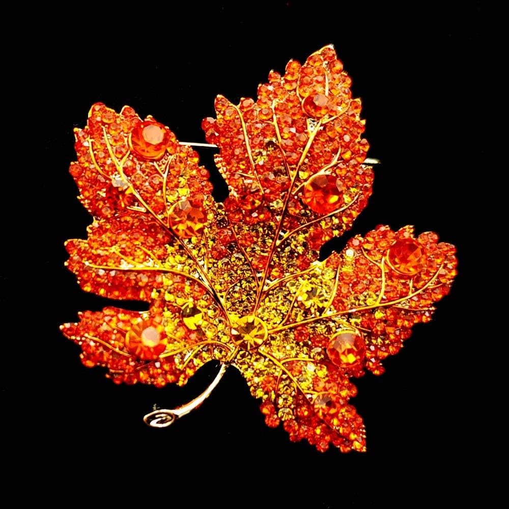 Vintage Stylish Full Micro Pave Yellow Orange Red Crystal Big Maple Leaf Brooch
