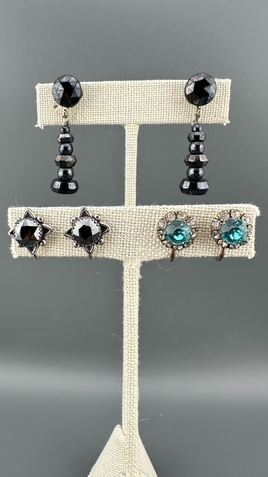 Vintage Earrings Lot Sterling Silver Gemstone Crystal Screw Back Blue Hematite
