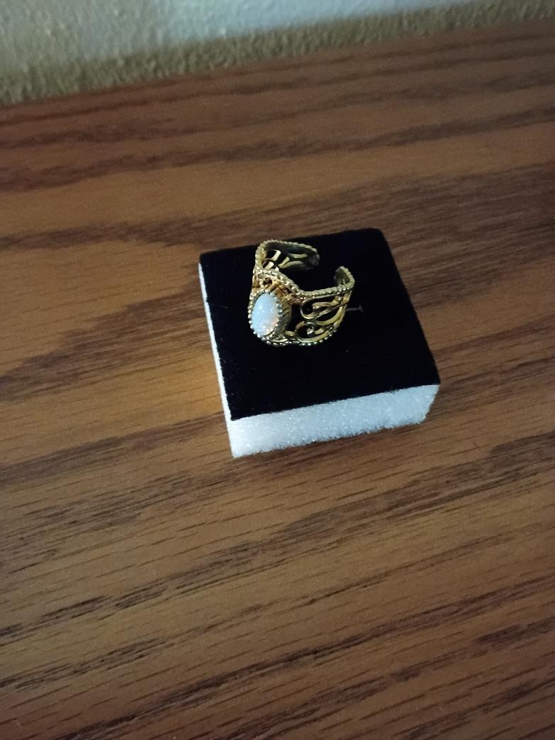 Vintage 1976 Sarah Coventry Ring, Lovely Lady, Gold Tone Filigree, Faux Opal