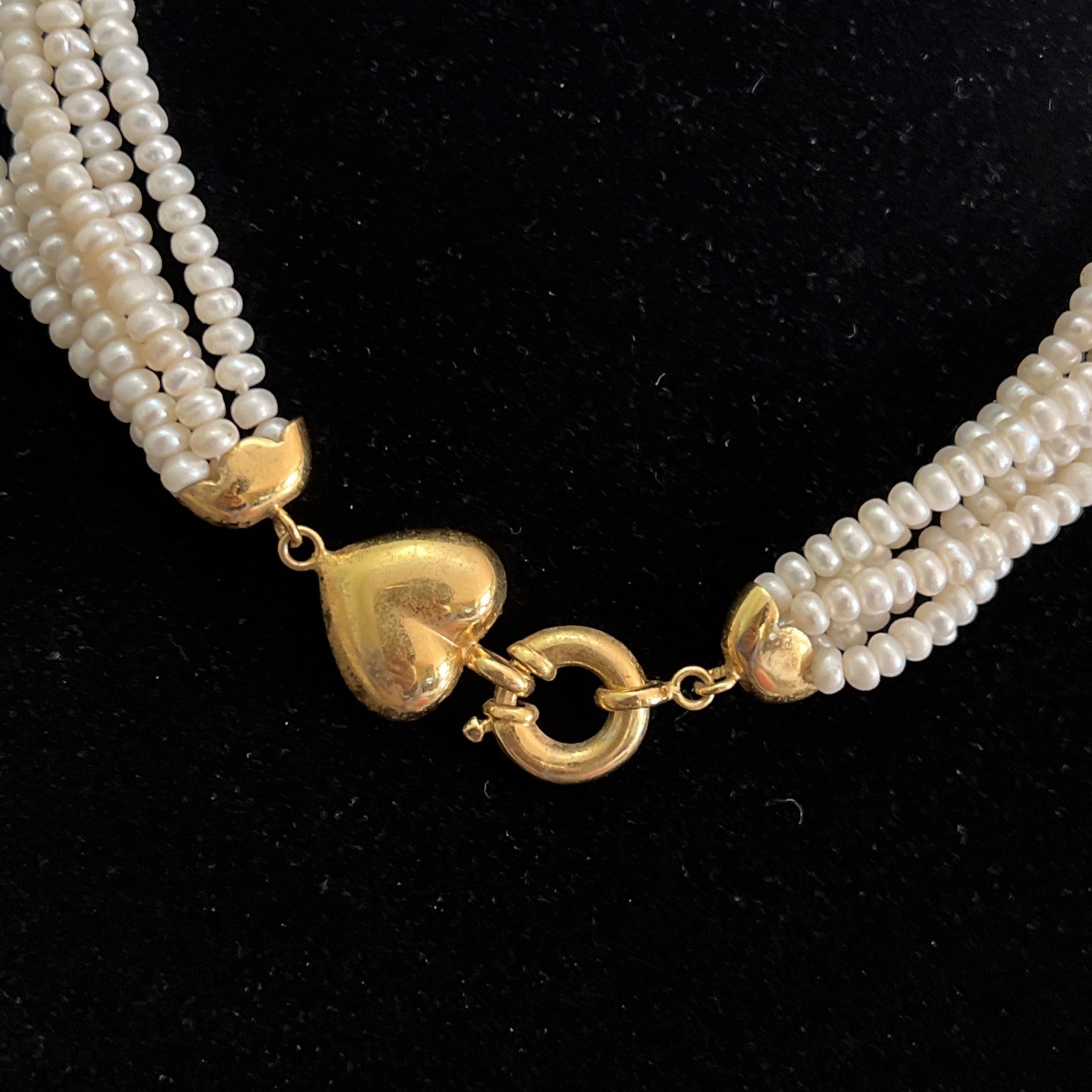 Vintage Multi-Strand Freshwater Pearl 18” Necklace Gold Tone Heart Clasp