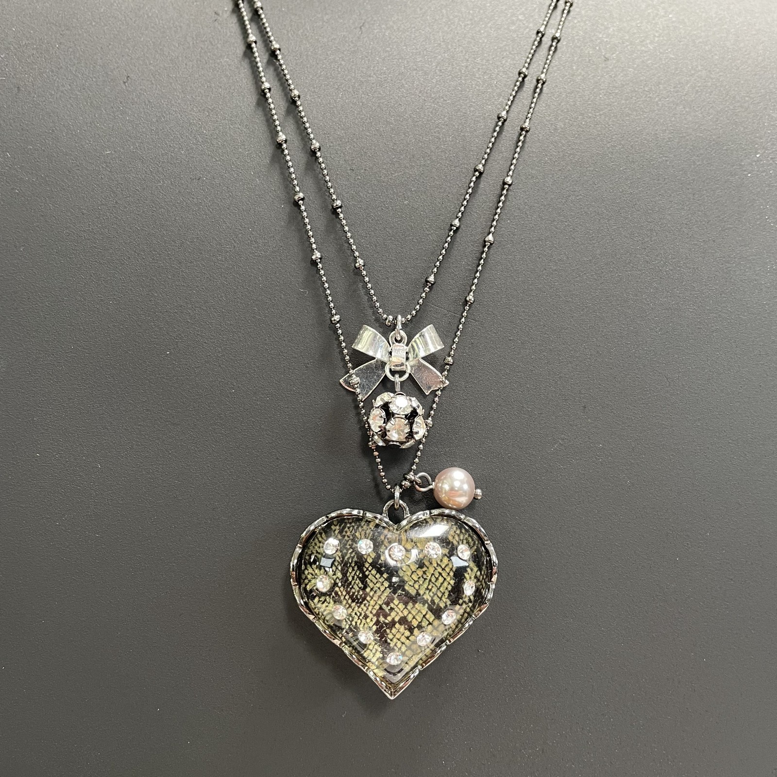 Gothic Betsey Johnson Snake Pattern Glass Heart & Bow Rhinestone Dual Necklace