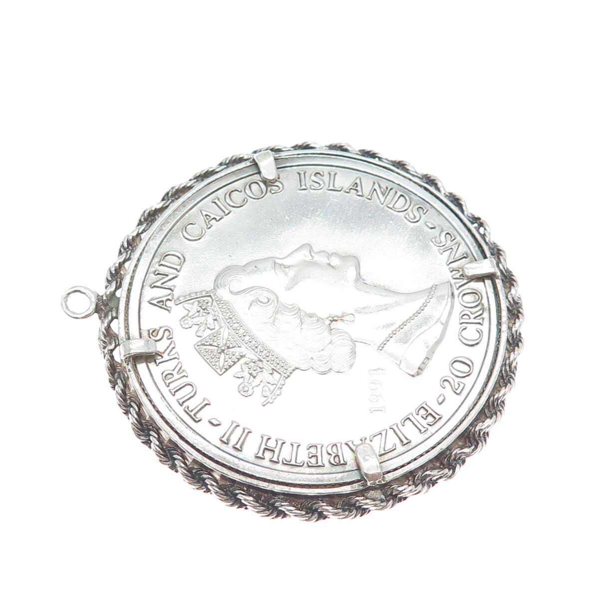 999 Silver Vintage 1994 Turks Caicos Islands 20 Crowns Elizabeth II Coin Pendant