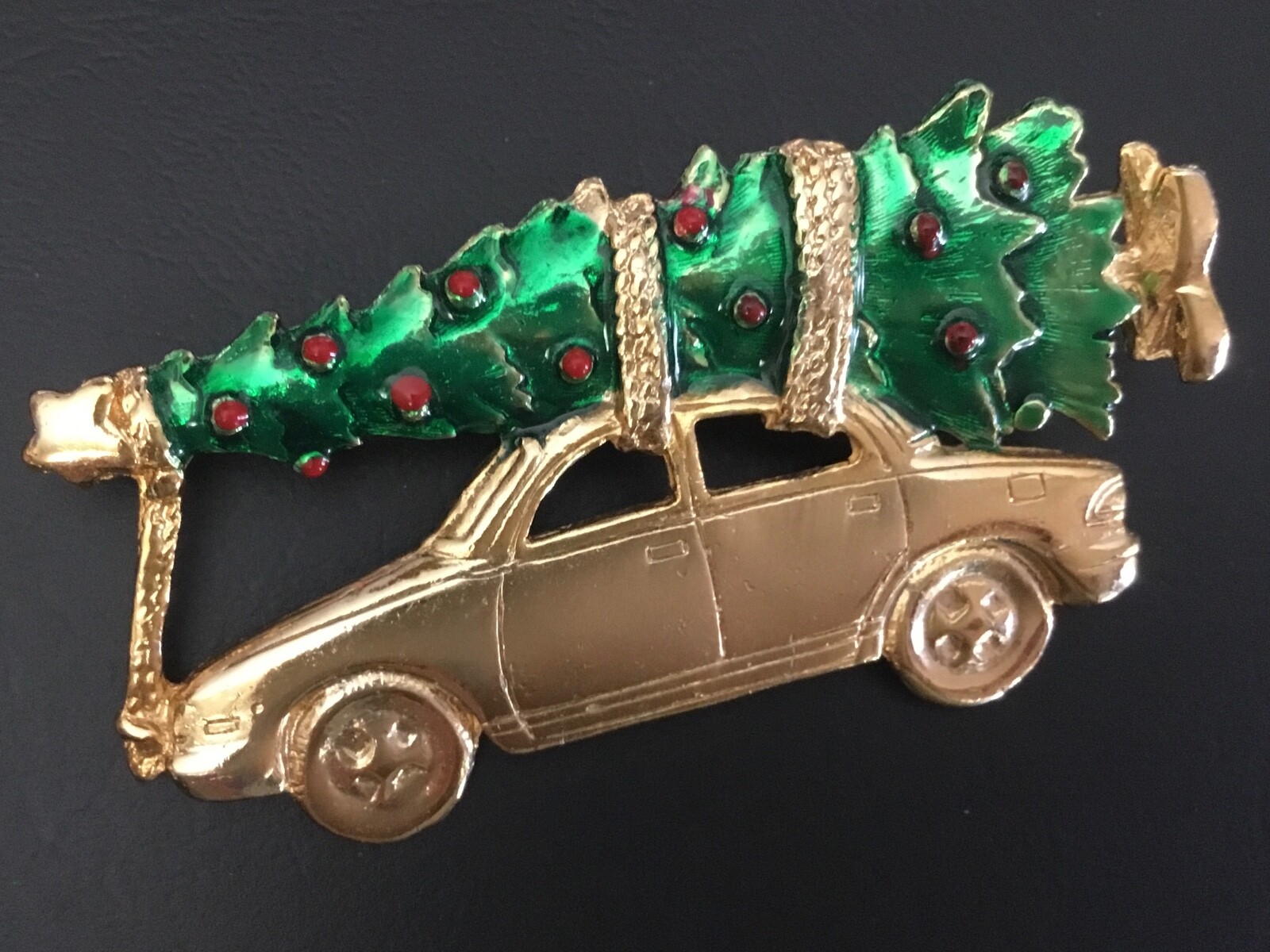 AJC Christmas Brooch Bringing Home the Tree with Car Gold Tone and Enamel