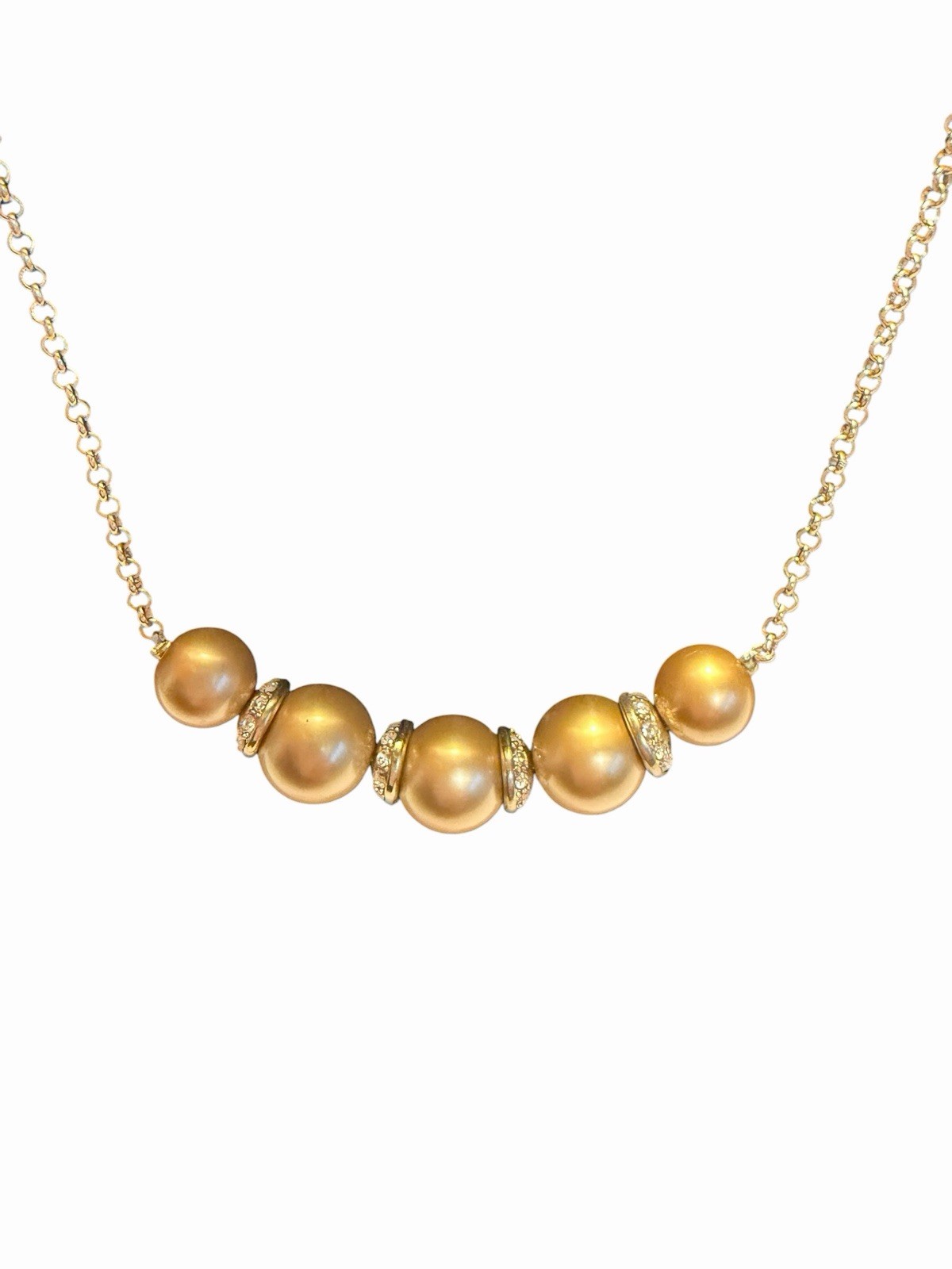 Vintage Trifari Signed Gold Tone 18” Chain Necklace Faux Perales & Rhinestones