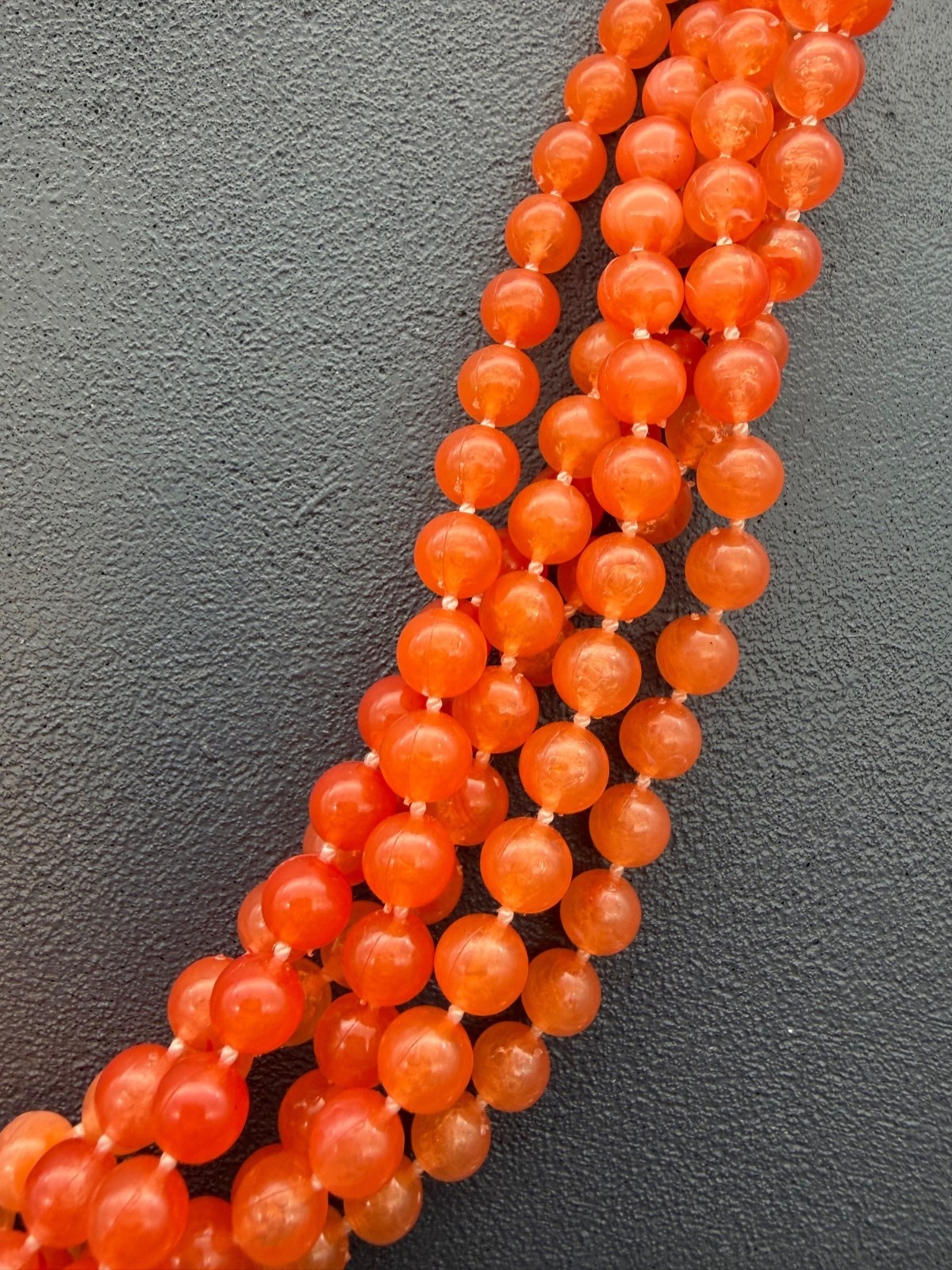 Multi-Strand Beaded Necklace 25 In Orange Filigree Endcap Gold Clasp Vintage