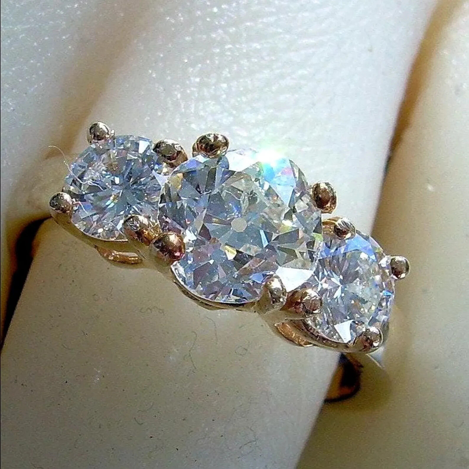 Original EARTH MINED DIAMOND Cushion cut Deco Engagement Ring 3 Stone 14K GOLD