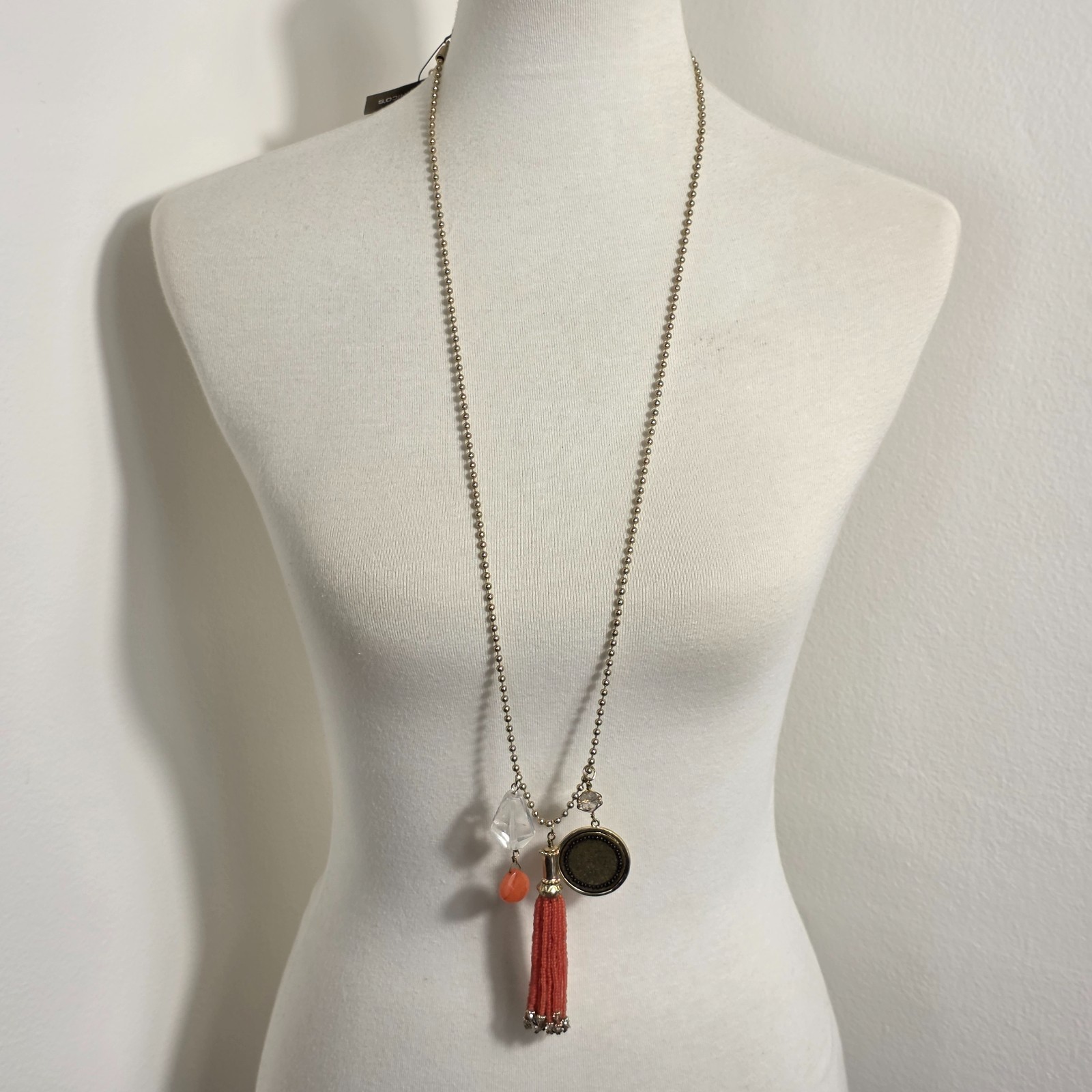 Chico’s Beaded Tassel Necklace Gold Tone Dog Tag Ball Chain Beads & Medallion