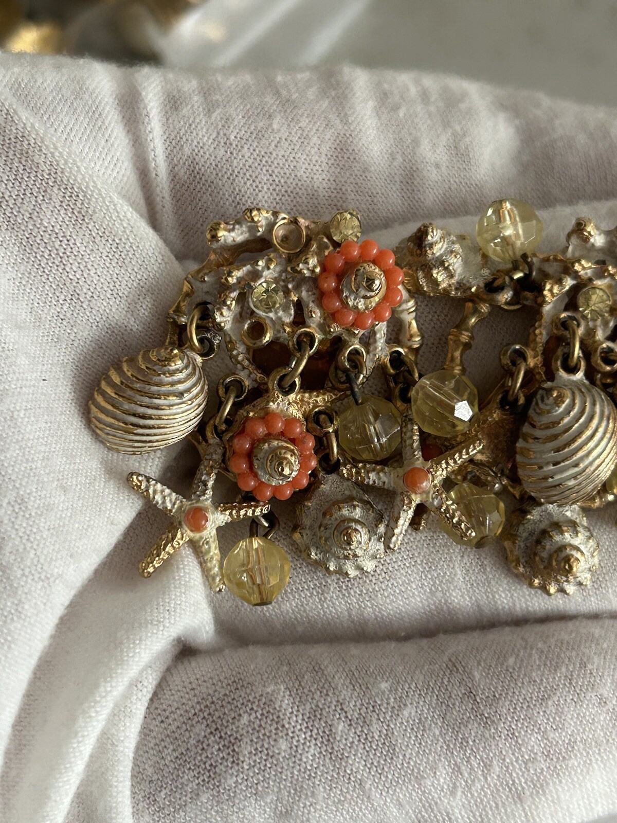Vintage ART Arthur Pepper Clip Earrings Dangle Shells Beach AB Crystals REaD