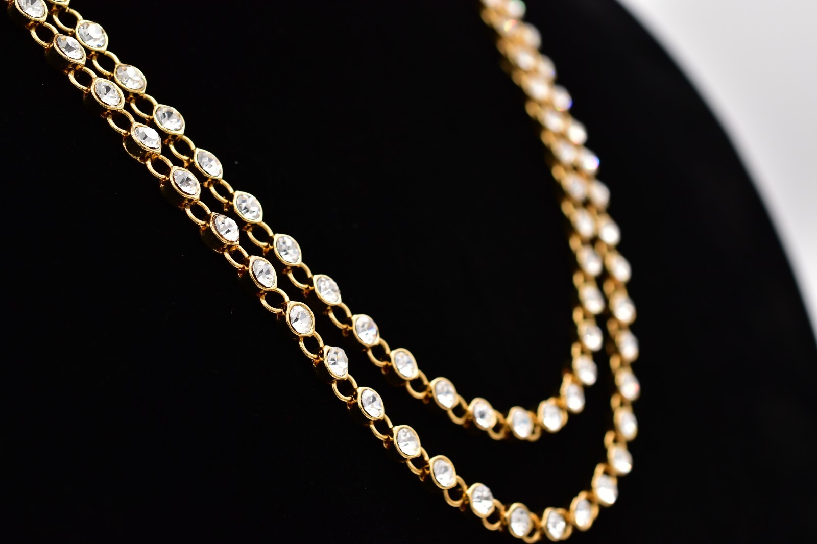 Vintage 50″ Gold Tone Clear Rhinestone Long Necklace Sparkle Crystal 1990s Bin3D