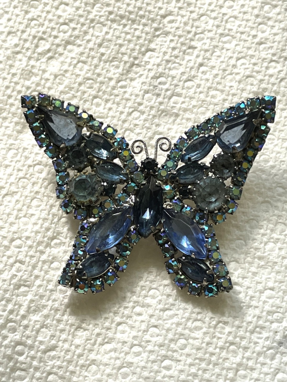 Vintage 1960s Blue Aurora Borealis Rhinestone Butterfly Brooch Pin Statement