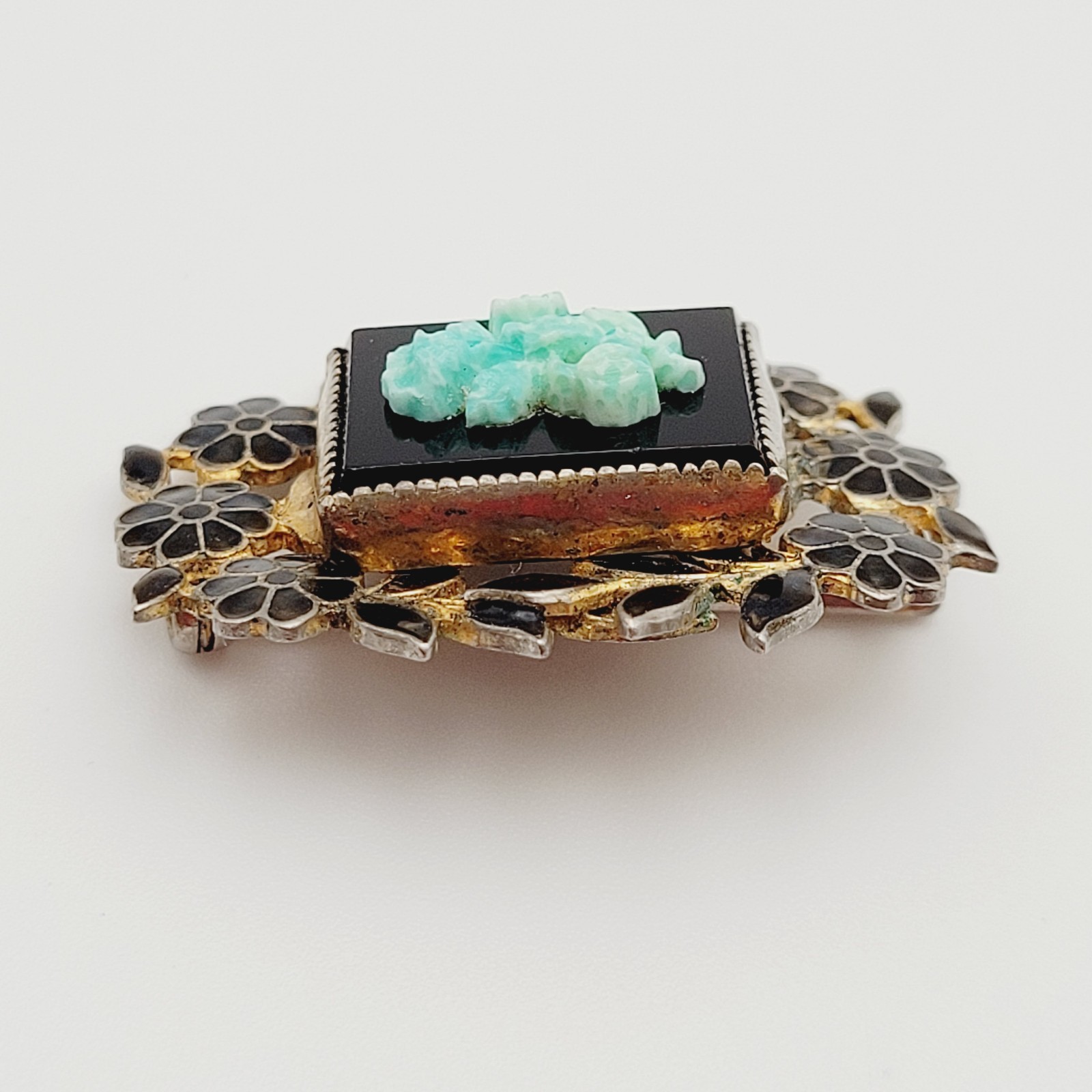 Nouveau Peking Glass Floral Victorian Mourning Brooch Style 1930s Vintage Brooch