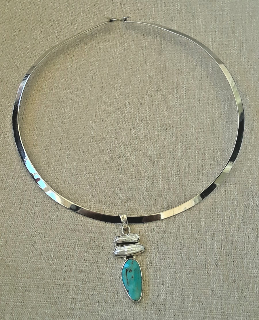 Vintage Mexico Sterling Solid Hook Open Collar Necklace MOP Turquoise Pendant