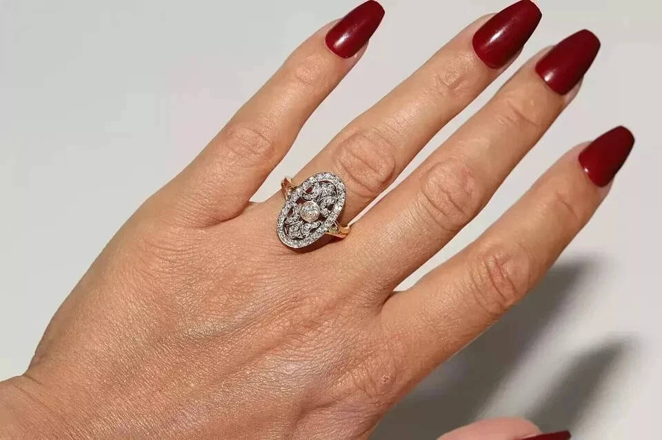 Art Deco Vintage Style Round Lab Created Diamond Engagement 14K Gold Finish Ring