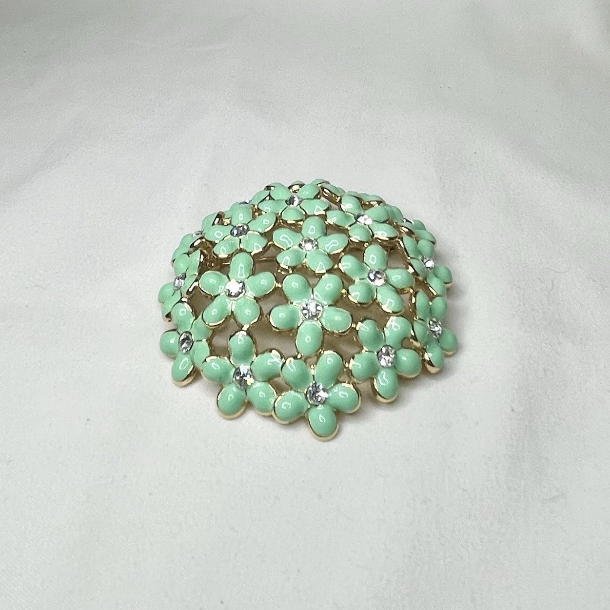 Vintage Mint Green Enamel And Rhinestone Flower Cluster Brooch 1960s