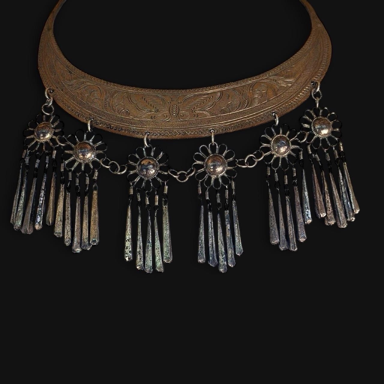 Vintage Hmong Miao Tribal Torque Collar Silver Flower Fringe Bib Choker