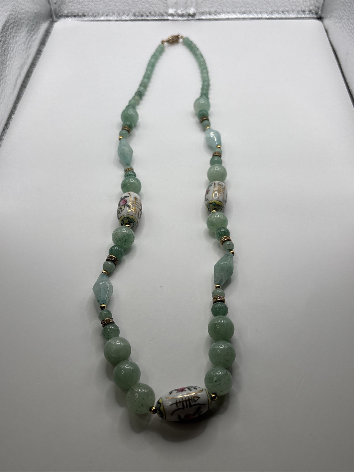 Vintage Chinese Hand-Painted Porcelain and Green Jade Beaded 34”Necklace