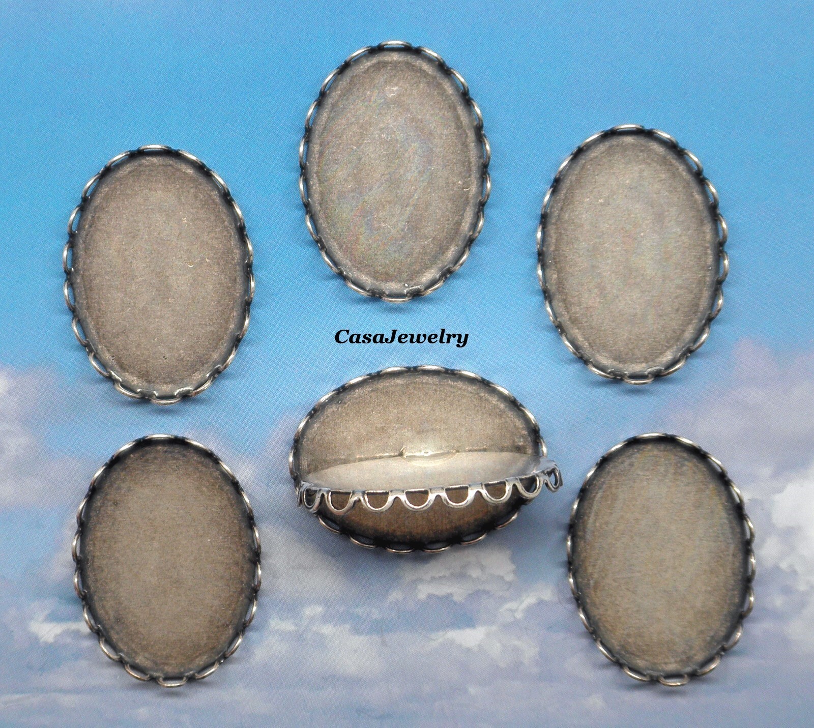 #1151 ANTIQUED .925 STERLING SILVER PLATED LACE BORDER 25x18MM BEZEL – 6 pcs