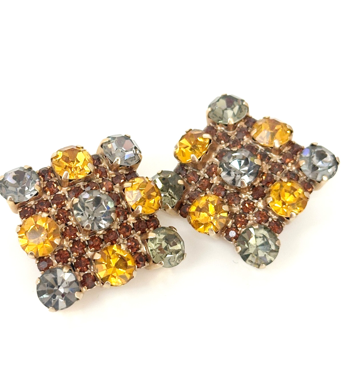 Vintage Topaz Colored Smoky Gray Rhinestone Clip On Earrings Mid Century Glam