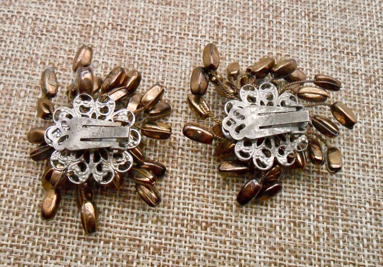 Vintage ALICE CAVINESS Signed Bronze Color Atomic Star Bead Earrings Clip-On E30