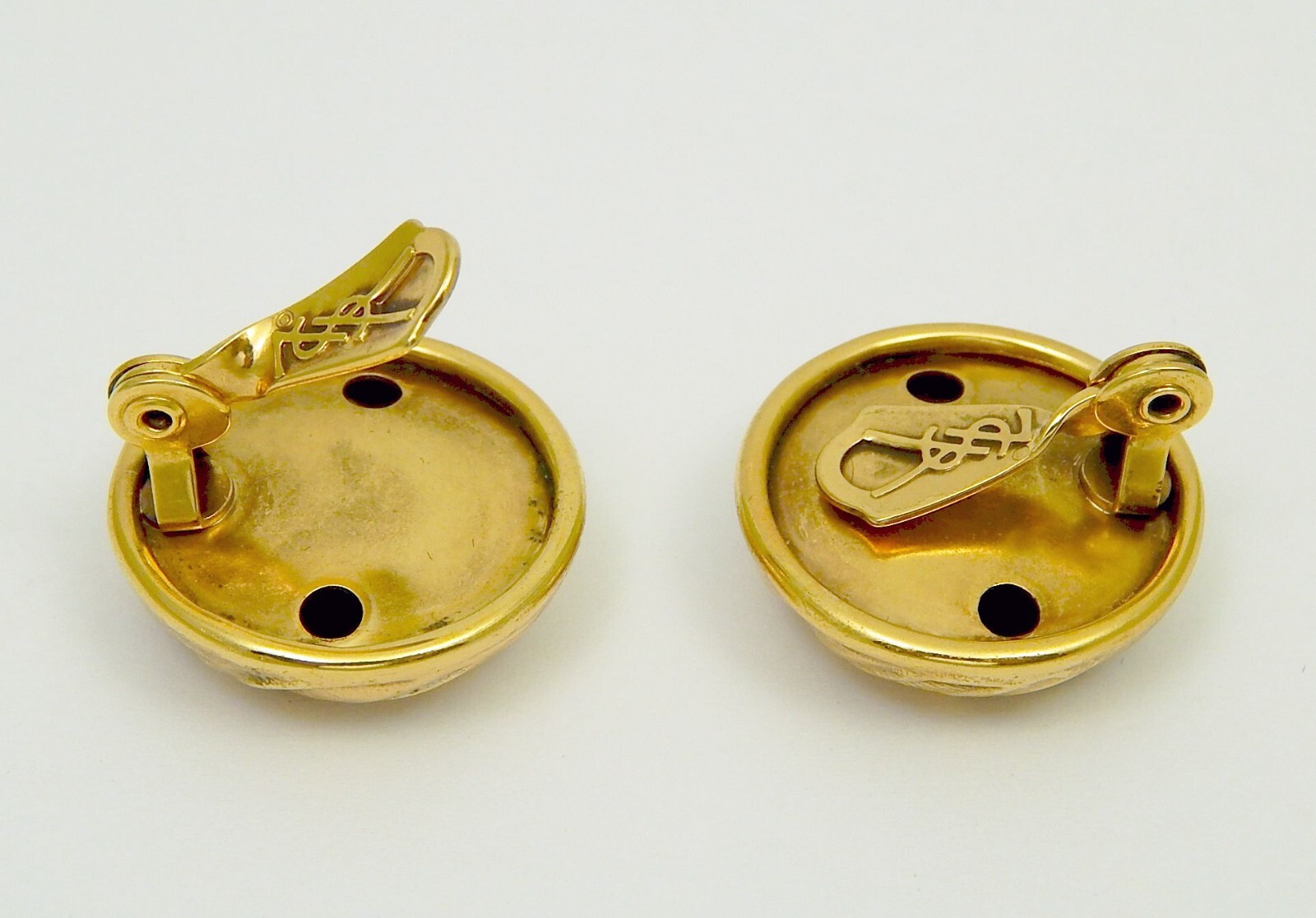 YSL Gold Tone Button Clip On Earrings Yves Saint Laurent Free Ship