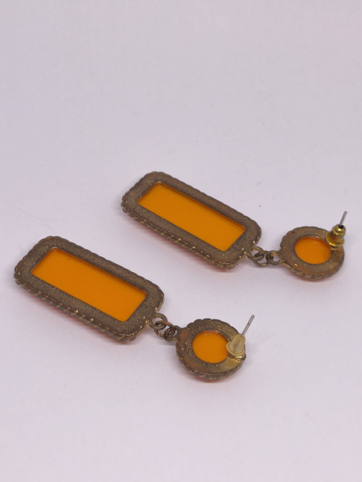 Vintage Art Deco Orange Lucite Dangle Earrings Gold Tone Geometric Statement